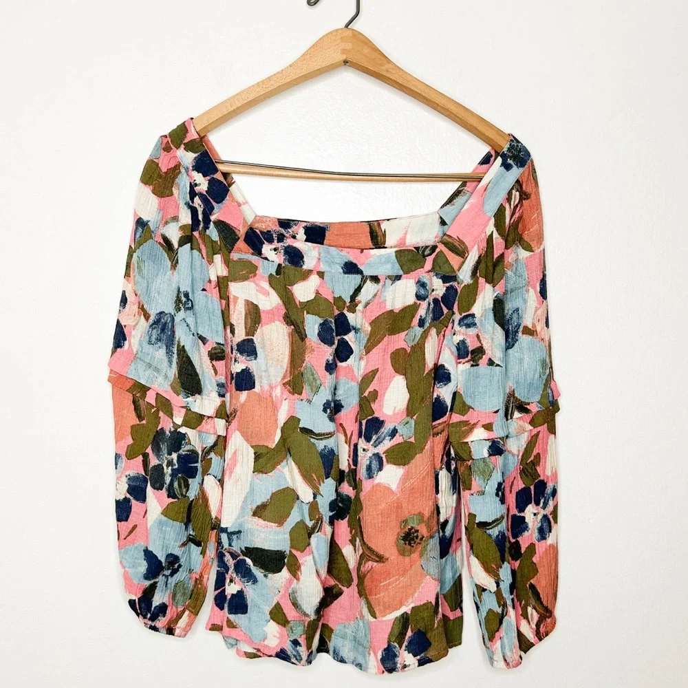 Zac‎ & Rachel Colorful Watercolor Floral Print Square Neck Peasant Blouse Medium